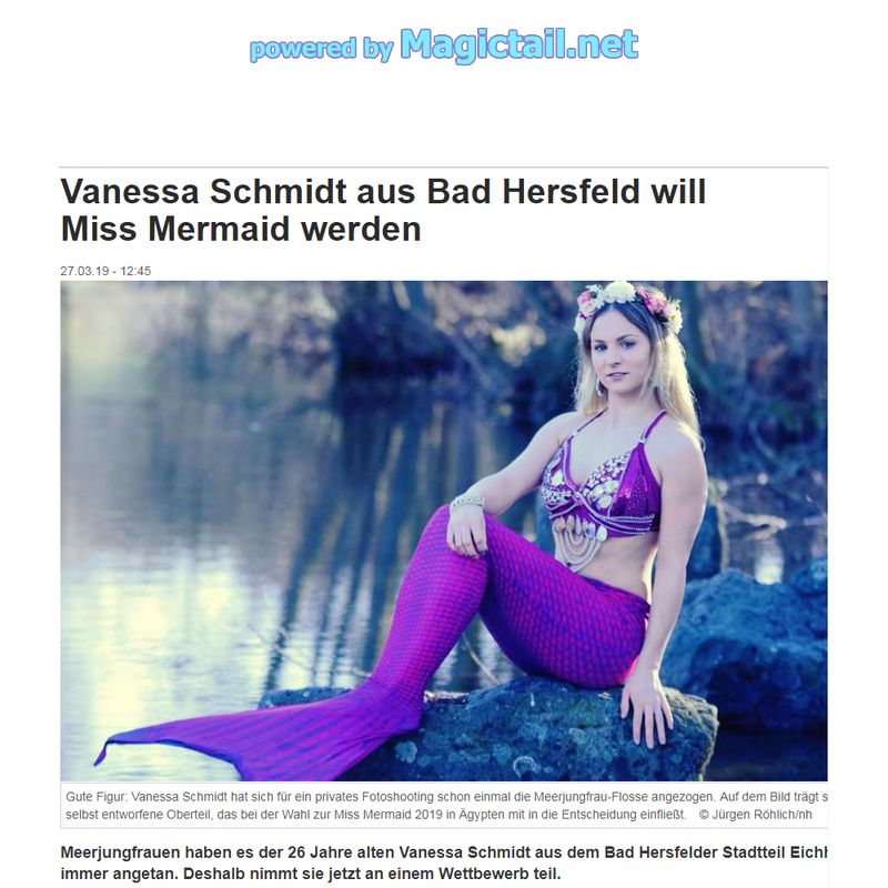 Gute Figur: Vanessa Schmidt hat sich für ein privates Fotoshooting schon einmal die Meerjungfrau-Flosse angezogen. Auf dem Bild trägt sie auch das von ihr selbst entworfene Oberteil, das bei der Wahl zur Miss Mermaid 2019 in Ägypten mit in die Entscheidung einfließt.